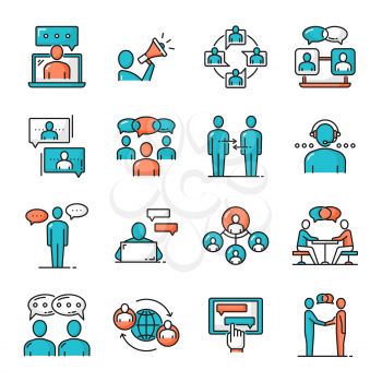 Business team, chat messenger, support communication and message, vector color line icons. Chatbots or help desk service and phone call talk, digital office and online business conference chats