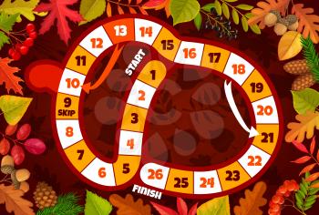 Thanksgiving kids board game in shape of acorn with vector autumn leaves and berries. Dice boardgame, roll and move puzzle or start to finish maze with numbered steps, education worksheet template