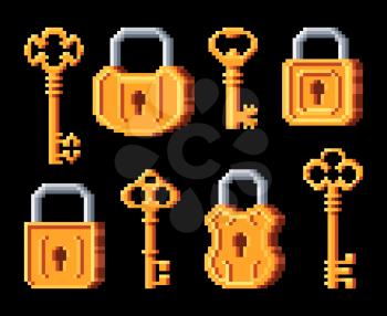 Vintage golden keys and padlocks. Pixel art 8bit game icons, door lock and keys. Vector vintage elements, game assets isolated 2d objects. Retro sprite computer graphic isolated padlocks