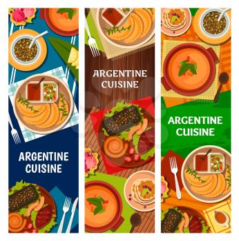Argentine food dishes vector banners with barbecue meat, vegetables, desserts and yerba mate. Bbq chorizo sausages, pork pie empanadas and corn soup, dulce de leche crepes and berry ice cream