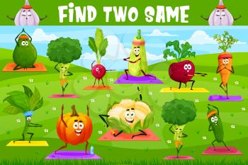 Find two same yoga fitness cartoon vegetables, vector kids or tabletop riddle. Find and match correct spinach, avocado and cucumber on sport training or yoga exercise on field, board game puzzle