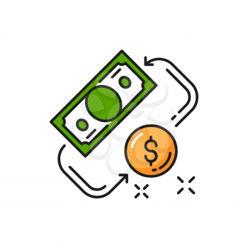 Money savings cash exchange business operations isolated color line icon. Vector paper bill and coin, financial conversion, currency revenue. Cash refund, circular payment convert, transactions
