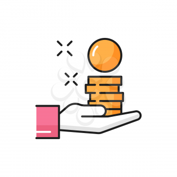 Money coins in hand, salary and savings isolated flat line icon. Vector charity or bribe, man making payment, investment and wealth. Bank loan, pay on market, currency exchange, financial economy