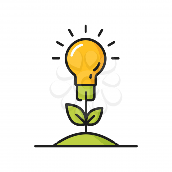 Lightbulb growing in soil as plant eco environment isolated line icon. Vector green sprout gardened in Earth, ecology friendly environment, renewable sources. Lightbulb with leaves, pure planet