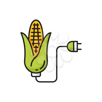 Corn biofuel and electric plug isolated color thin line icon. Vector green energy vegetable fossil, renewable energy source. Alternative environment friendly fuel, biorefinery maize biodiesel color