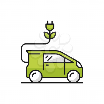 Green eco car with charge plug isolated hybrid vehicle thin line icon. Vector automobile on battery, electricity auto. Ecology and environment save transport, innovations and new technologies concept