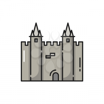 Fortress castle of Portugal isolated flat line icon. Vector medieval Europe architecture, famous tourist place fortress. Traditional Portuguese landmark, brick tower cathedral, old city symbol