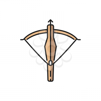 Arbalest isolated crossbow arblast, flat line icon. Vector hunting sport ammo, archer equipment, arrow shooting archery gun, Switzerland sport arblast. Medieval weapon arblast with optical sight