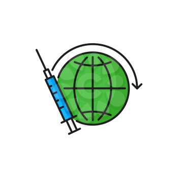 Syringe with coronavirus vaccine, world injection isolated color line icon. Vector vaccination and immunization. Herd immunity, distribution of Corona. Medical syringe with virus pathogen, healthcare