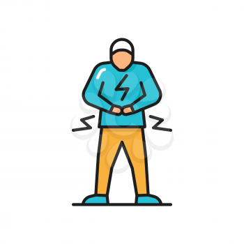 Man with abdominal pain health problem discomfort diarrhea isolated flat color line character. Vector ache in stomach, gastrointestinal indigestion, gas and pain, inflammatory bowel cancer, colitis