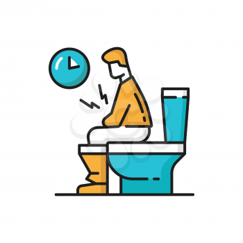 Man sitting in toilet bowl, unhappy with constipation, suffering from diarrhea, food poisoning isolated color line icon. Vector hemorrhoids, problems with stomach, long time in WC closet room