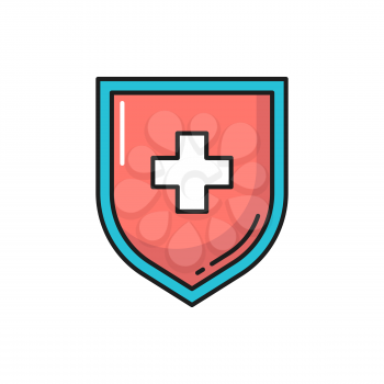 Shield with medical cross isolated color line icon. Vector virus, probiotic, lactobacillus and prebiotic bacteria guard badge. Health protection, healthcare security, safety system, insurance