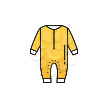 Baby things wash sign, yellow fastened detached romper with sleeves and long legs trousers isolated line icon. Vector child garment, washing, drying and cleaning emblem. Nursery suit, newborn