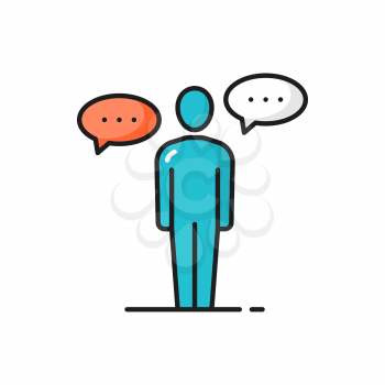 Man with dialogue chat bubble isolated color icon. Vector man or woman with new idea sign, conference or forum text clouds. Person with dialogue balloons, communication online, chat and message