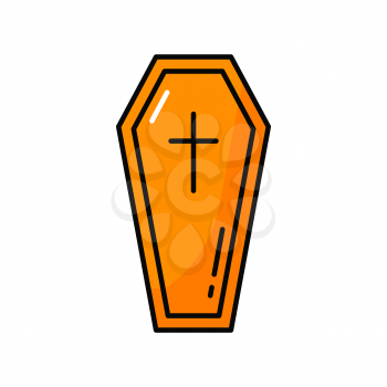 Funeral closed coffin burial box isolated color line icon. Vector Halloween symbol, last bed, wooden box, burial closed case with dead. Long narrow case of wood for buried or cremated corpse