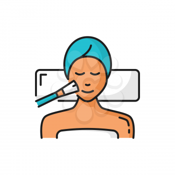 Woman at cosmetologist, spa, beauty face skin care isolated color line icon. Vector applying facial cream to customer in beauty parlor, dermatology therapy. Beauty sexy woman, cosmetics and skin care