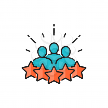 5 star award, cooperation and business recruitment isolated line icon. Vector customers meeting, recruitment, communication and brainstorming. Best service, clients satisfaction, best choice, feedback