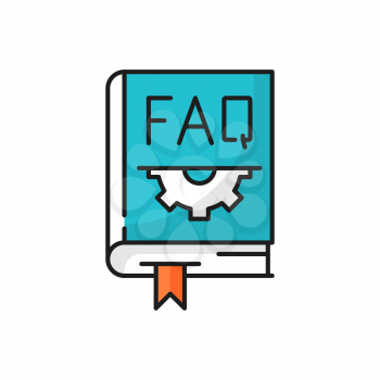 FAQ question book, gear and bookmark isolated icon. Vector closed help book with frequently asked questions and cogs settings mechanisms. Interrogation magazine, instruction guide, assistance