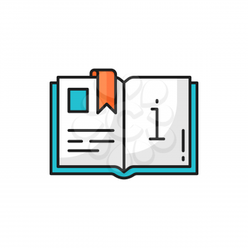 Open information book with bookworm isolated thin line icon. Vector catalogue or magazine info and instruction guide. Textbook or brochure with educational materials, encyclopedia sign, i letter