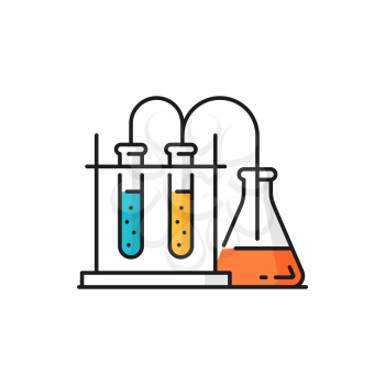 Scientific research flasks, genetics modifications isolated color line icon. Vector pharmacy and genetics equipment for scientific experiments in gene engineering science, biotechnology lab beakers