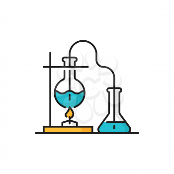 Scientific research flasks, genetics modifications, liquid in round bottom flask being heated over Bunsen burner isolated line icon. Vector laboratory research glassware, equipment for experiments