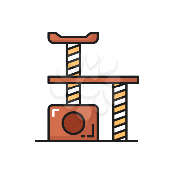 Comfortable house for cat isolated thin line icon. Vector accessory for pet, cozy kitty home, game complex with scratching post with bench and home with round entry. Kittens interactive toy, outline
