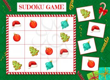 Child sudoku maze with Christmas decorations. Children puzzle game, kids educational activity with logical task. Santas hat, Christmas tree ornaments bauble and gingerbread cookie cartoon vector