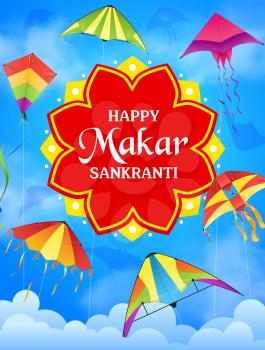 Makar Sankranti holiday kites in sky vector greeting card of Indian religion festival. Festive kites and colorful paper toys flying in blue heaven with white clouds, Hindu religious celebrations