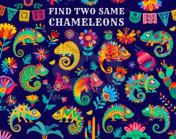 Find two same Mexican chameleon lizards, kids game riddle, vector. Find similar objects, puzzle or tabletop game worksheet with Mexican cactus and flowers on papel picado or fiesta flags