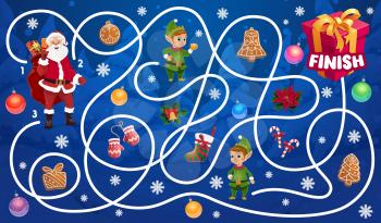 Christmas maze for kids with Santa and elfs characters. Children labyrinth game, child finding path winter holiday playing activity. Candy, gingerbread cookies and stockings, giftbox cartoon vector