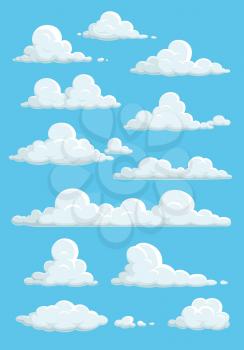 Cartoon clouds in blue sky. Vector white soft and fluffy spindrift or cumulus clouds flying on heaven background, weather and nature isolated design elements. Meteorology and climate themed icons set