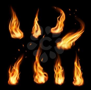 Fire, vector campfire, isolated torch flame. Realistic 3d ignition tongues, burning bonfire blaze effect, glow orange and yellow shining flare with sparks, flying particles, embers and steam. set