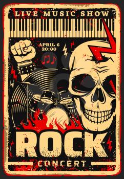 Rock music festival concert vector poster with musical instruments, skull and notes. Drum set, vinyl record and piano keyboard, studded leather bracelet and lightning, invitation grunge design