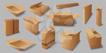 Cardboard boxes, realistic vector mockup of delivery packages. Isolated brown carton or paper cargo shipping parcels, open and closed packs, warehouse storage crates and containers 3d design