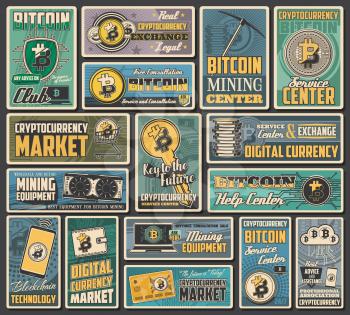 Bitcoin cryptocurrency retro banners of vector digital money exchange, blockchain transaction and crypto currency mining. Network financial technologies, digital wallet, laptop computer, mobile phone