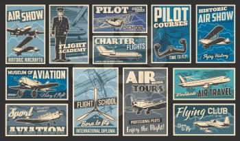 Plane flying and aircraft flight, aviation vintage retro retro posters, vector. Airplane aviators academy and pilot flights school, historic planes and aviation museum, travel and charter flights