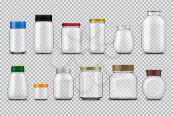 Glass jars with lids realistic mockup, vector food packages. Empty clear bottle containers and transparent pots with metal and plastic screw caps of food canning and storage design 3d template set