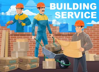 House builders and architect. Bricklayer, mason laying wall, worker carrying cement in wheelbarrow, building architect or construction engineer studying blueprint. Workers on construction site vector
