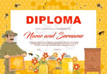 School diploma, certificate vector template with honey, beekeeper with frame, bees and honeycombs. Cartoon education or kindergarten frame with flowers and wooden hives with glass jars, kids diploma