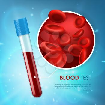 Blood test vector medicine poster with 3d red cells and blood in glass flask. Hemoglobin, hematology medic aid with realistic microscopic blood cells flow in vein or artery bloodstream, cardiac system