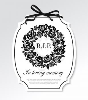 Funeral frame with black flowers round wreath, mourning ribbon bow and typography. Funereal card with RIP rest in peace and in loving memory condolence. Gravestone plaque or frame with roses vector