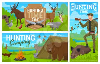Hunting camping, club vector banners. Hunter with rifle and equipment posing with killed boar trophy in forest camp with tent, bowl, wild animals and birds. Hunt season opening, hunter with ammo gun