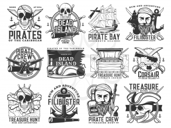 Pirate icons, vector Jolly Roger skulls or skeleton heads, black flag, captain tricorn sailor hat, crossed bones, swords or sabers and anchor with spyglass. Dead island, flibusters piracy symbols