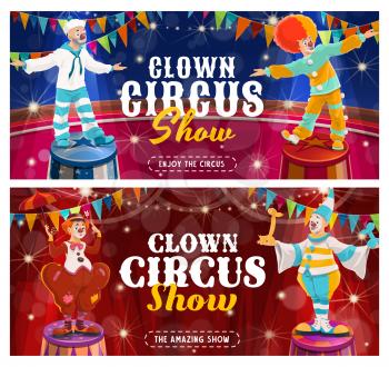 Circus clowns vector flyer. Big top tent performers, cartoon funny carnival funsters and jesters in bright costumes, periwig, makeup and fake nose perform show on circus stage with flags and spotlight