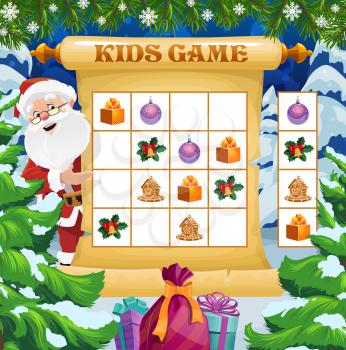 Christmas crossword game, winter holiday rebus for kids with Santa and gifts. Children activities book page, child logical game. Santa, gifts and cookies, Christmas tree decorations cartoon vector