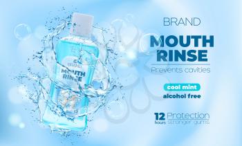 Mouse rinse or mouthwash bottle with water splash swirls. Dental oral care hygiene product promo banner with 3d realistic vector mouthwash plastic bottle, mouse rinse liquid droplets and bubbles