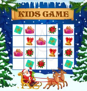 Christmas winter sudoku kids game or puzzle vector template. Education worksheet of logic game, maze, riddle, rebus or test with cartoon Santa Claus, Xmas gift boxes, bells, reindeer and poinsettia