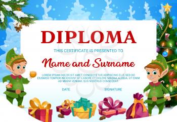 Kids diploma, christmas gift certificate with elves, present boxes and fir trees decorated with garland, baubles and candy canes with falling snowflakes on winter background. Xmas kid diploma or frame
