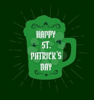 St Patrick day Irish traditional holiday shamrock clover leaf and beer mug with froth on green background. Happy Saint Patrick day vector poster and greeting card with green light beams