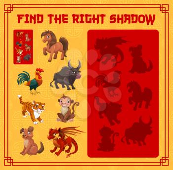Child shadow matching game with Chinese New Year animals. Children riddle, educational activity for kids with silhouettes find task. Horse, cock and bull, tiger, monkey and dog, dragon cartoon vector